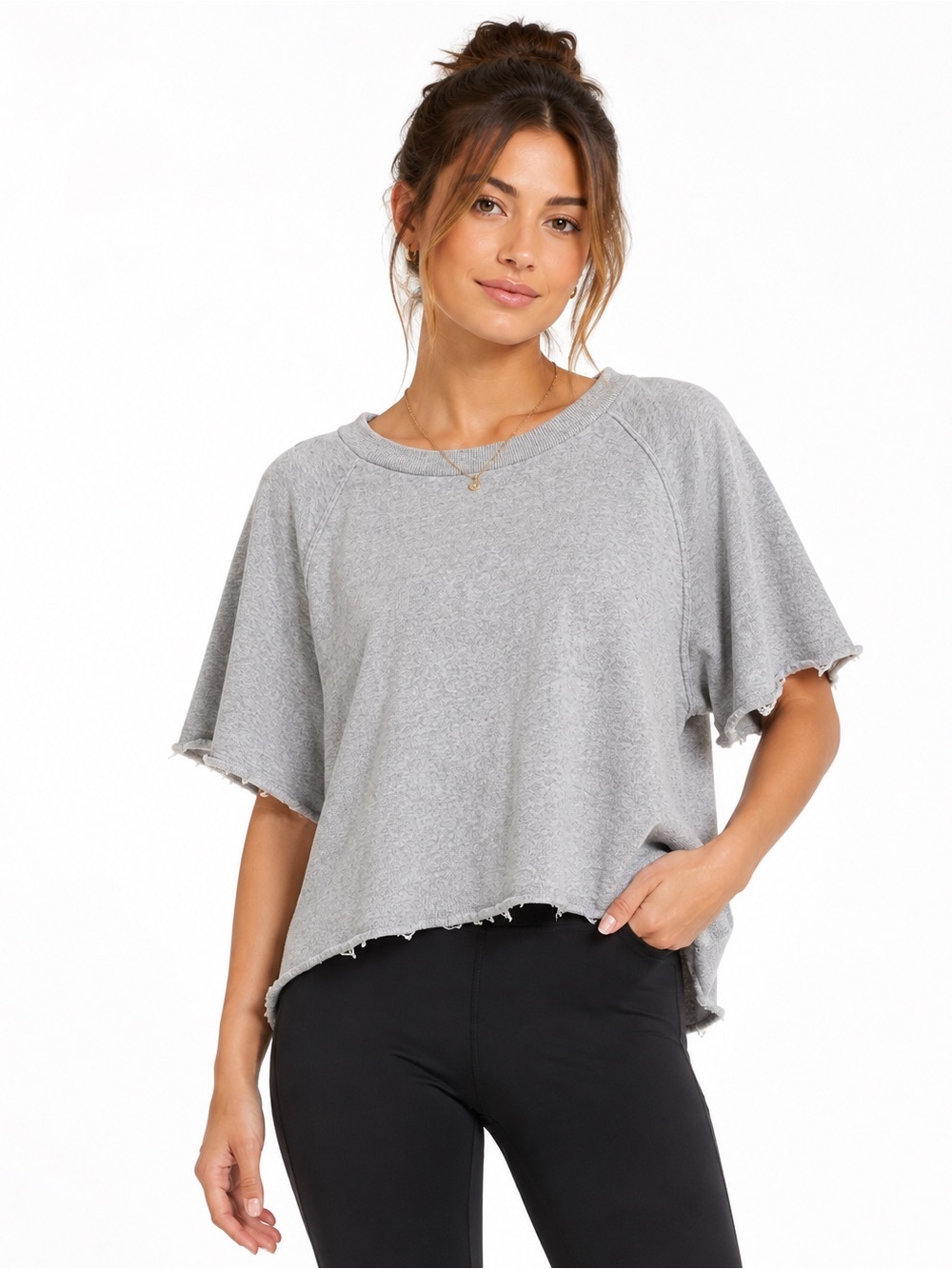 Colsie Gray Oversized Cropped Raw Hem Sweatshirt Top Size L